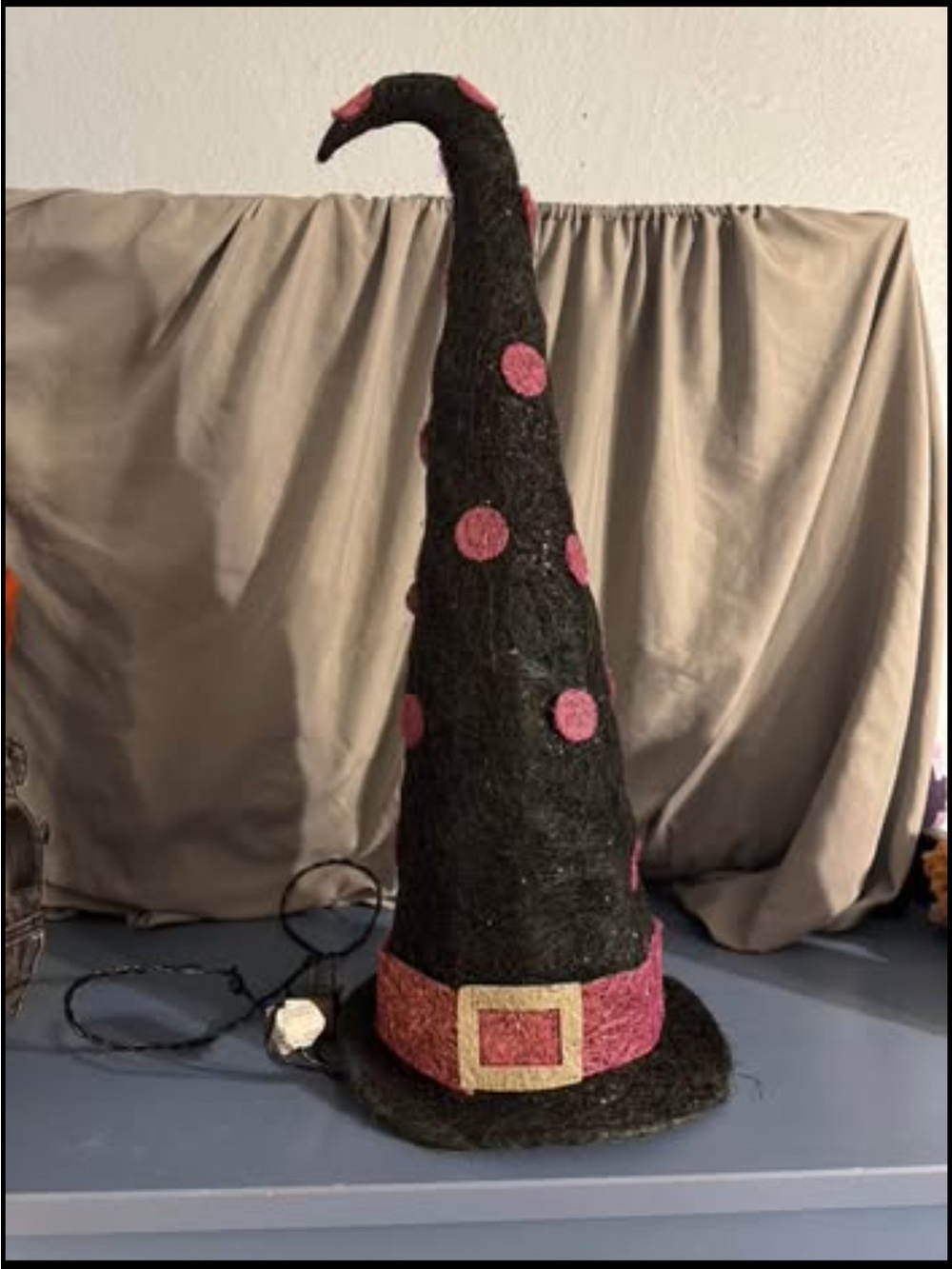 Black and Pink Pointed Witch Hat with Gold Buckle - Home Accent